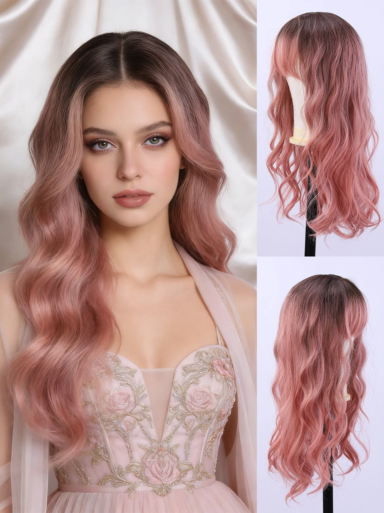 

Модный женский парик с челкой, парик из термостойкого синтетического волокна, для вечеринок и прогулок, сетчатая шляпа-панама розового цвета