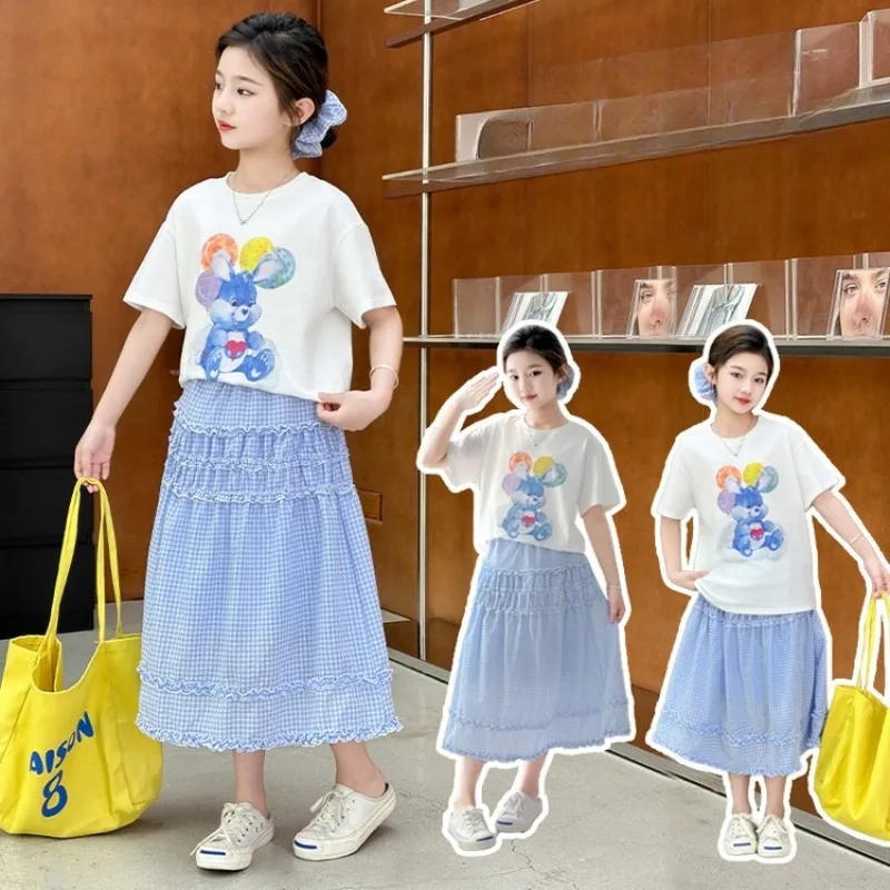 

Girls Summer Clothing Set Children Cartoon Print Short-Sleeve T-Shirt + Lattice Lace Hem Skirt Two-Piece Set 2025 New