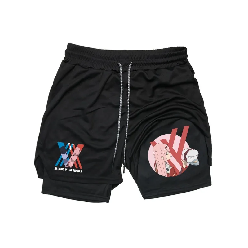 

Мужские шорты с принтом Zero Two, летние двухслойные быстросохнущие брюки с буквенным принтом, спортивный костюм для фитнеса, спортивная одежда, шорты для тренировок в тренажерном зале