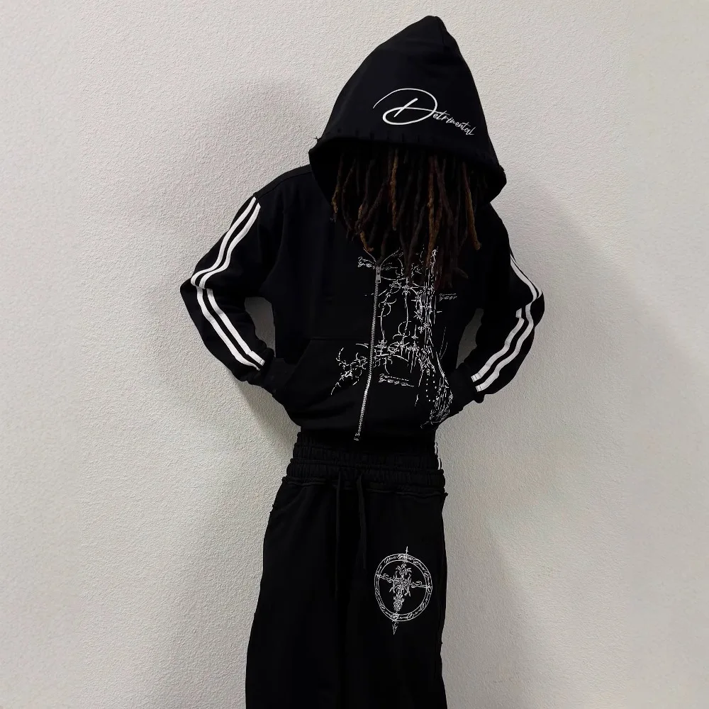 Gothic-Hoodie mit Dornen-Print und seitlichen Streifen, locker geschnitten, Y2K High Street, durchgehender Reißverschluss, Freizeitjacke für Damen und Herren – Detail 5