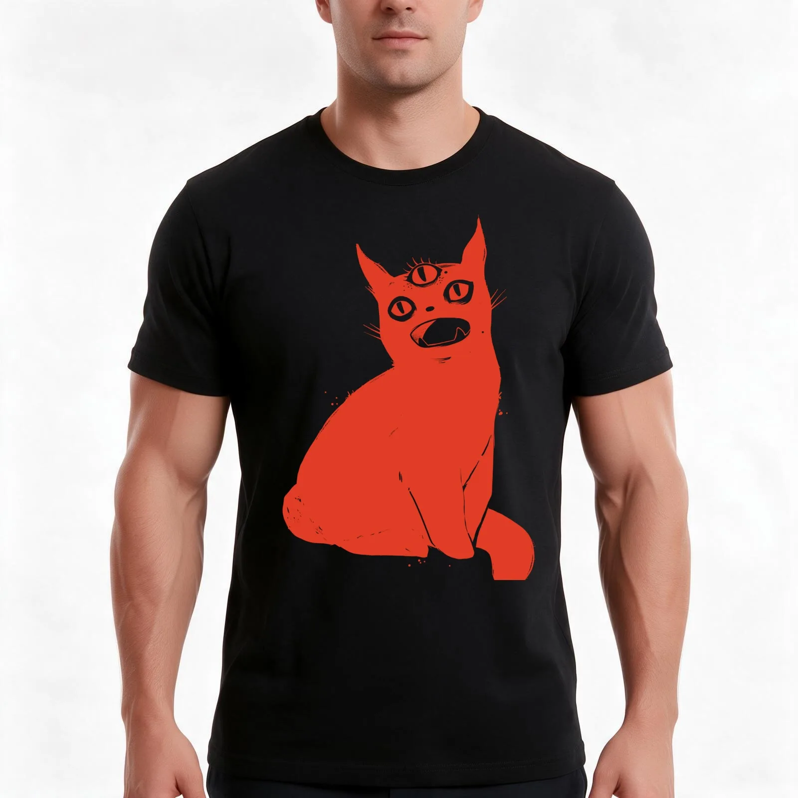 Red Cat With Third Eye T-Shirt, Summer Casual Cotton Tee, Oversized Streetwear Tops, Vintage Graphic Print, Unisex Men Women