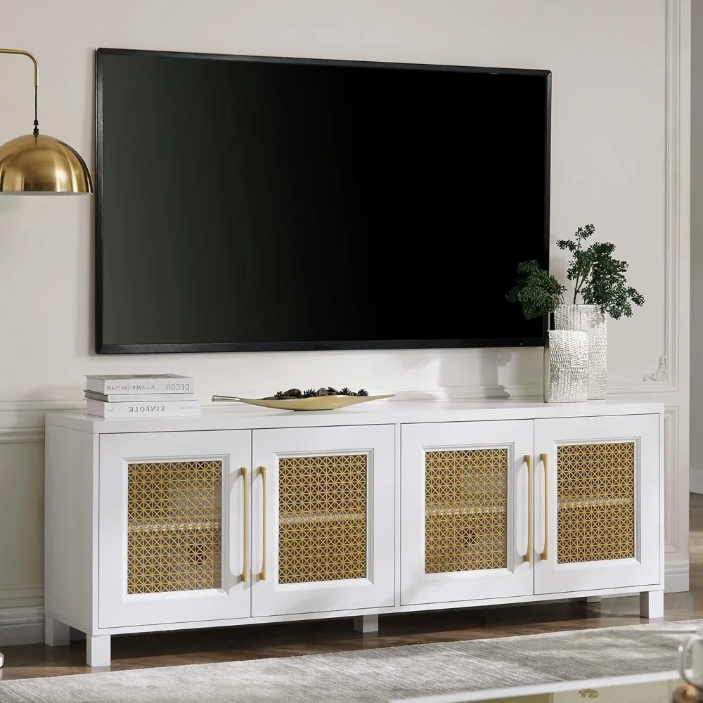 

Mid-Century Modern Boho TV Stand for 75-Inch TVs - White Entertainment Center with Gold Metal Mesh Doors & Storage Cabinets, Lar
