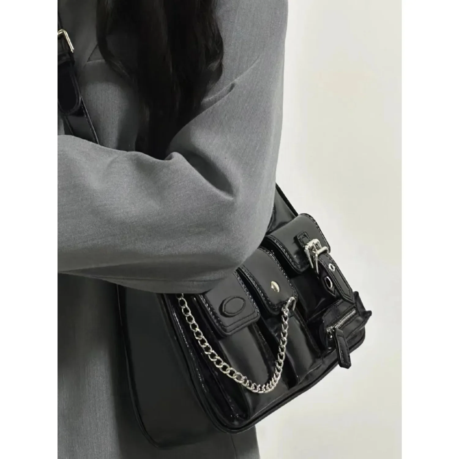 Y2k Moto Biker Handbags for Women NEW Gothic Fashion High Street Shoulder Bag Black Patent Leather Casual Coin Purse