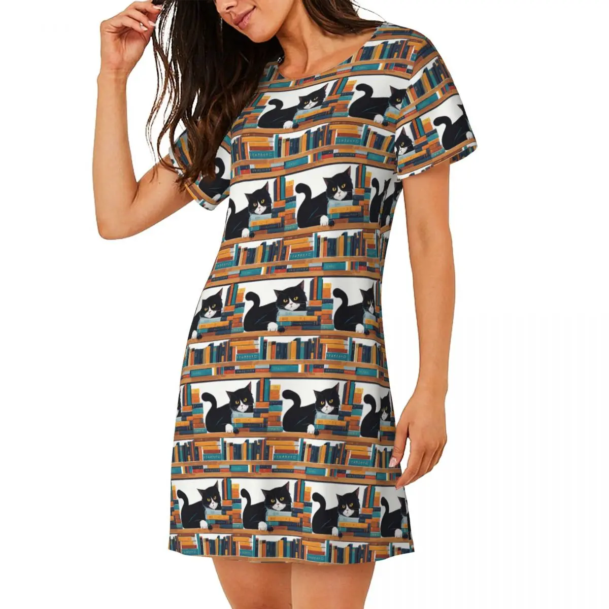 Custom Cute Tuxedo Cat And Bookstore Short Sleeves Nightdress For Sleepshirts Women Short Sleeve Nightgowns Loose Pajama Dress