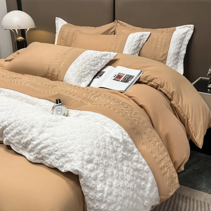 

French Modern Jacquard Long Staple Cotton Bedding Set Duvet Cover Bedlinen Sheets Comforter Luxury Textured Camel White Soft Zen