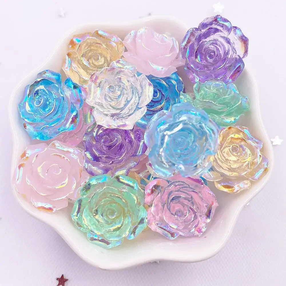 20mm AB Żywica Błyszczący Przezroczysty cukierkowy kolor Róża Flatback Kwiat Rhinestone Klejnoty 50Pcs Scrapbook Wystrój domu Figurki Aplikacja Rzemiosło