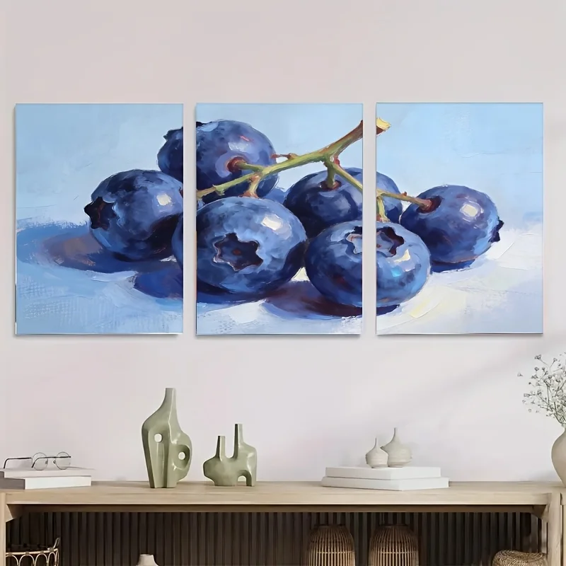 2D Flat, 2D Flat, 3pcs Blueberry Fruit Paintings - Wooden  Canvas Poster Suitable For, Wrap-Around Frame Horizontal HD Ink Pr