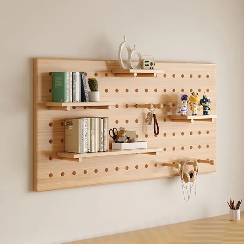 Natural Wood Pegboard Wall Mounted Storage Organizer With Shelves Hooks, Adjustable Display Rack For Home Office Living Room