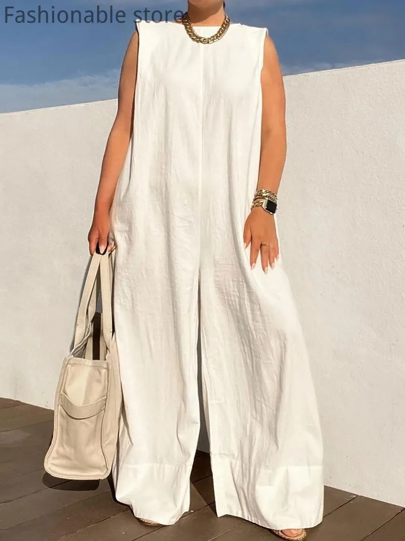 Women Casual Solid Color Sleeveless Round Neck Wide Leg Loose Jumpsuits