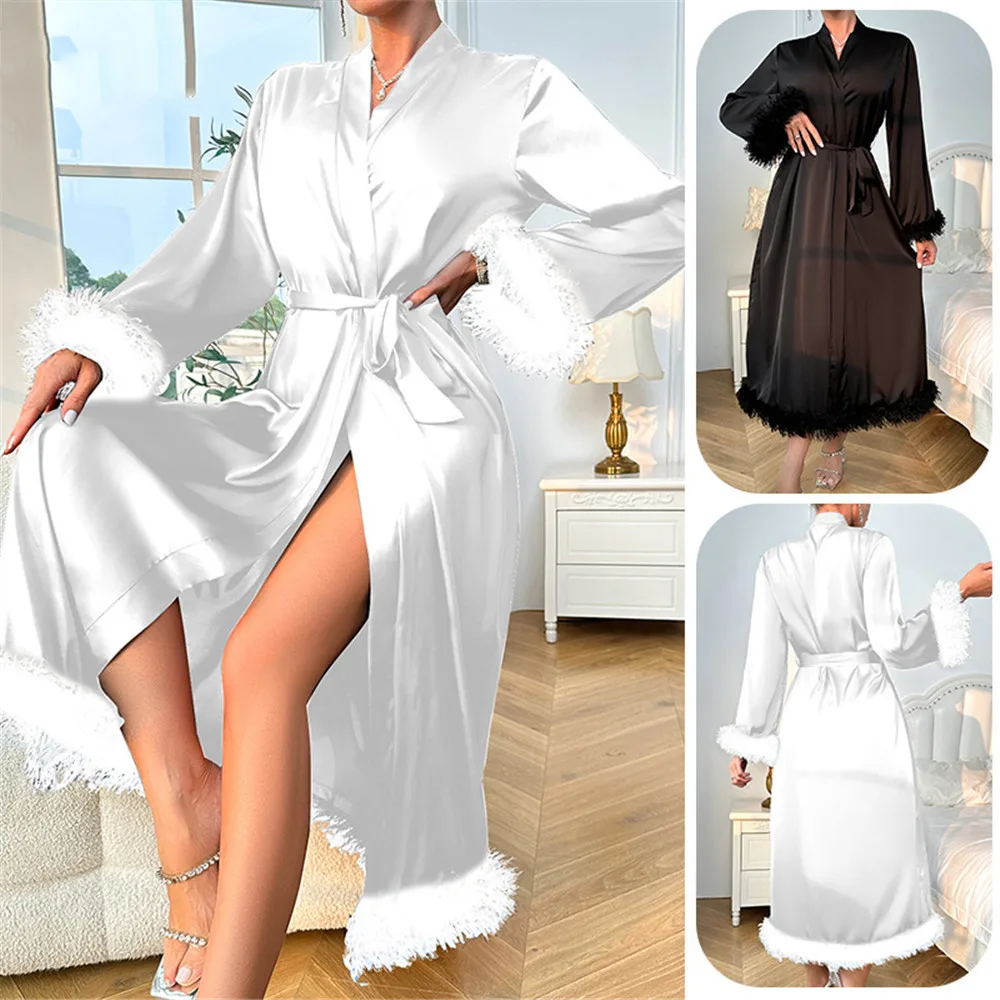 

Женский атласный длинный халат, сексуальное кимоно с отделкой перьями, шелковистая атласная ночная рубашка, домашнее платье, домашняя одежда