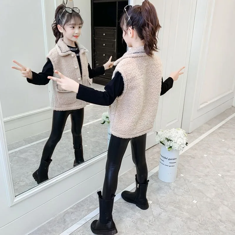 Kids' Goat Wool Vest 2025 Spring Autumn Stylish Girls' Jacket Outerwear Warm Cuddly Layering Piece for Kids Ages 6-12