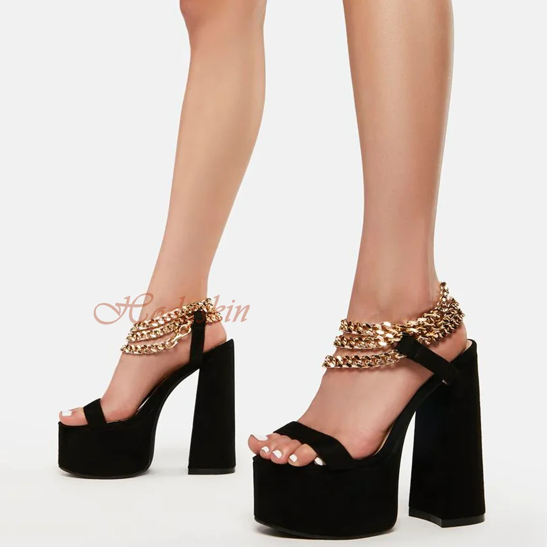 

Gold Chain Suede Straps Sandals Platform Chunky High Heels Solid Buckles Open Toe Sexy Sandals Women New Style Shoes Summer