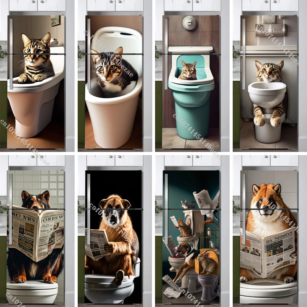 Cute Animal Toilet Reading Newspaper Refrigerator Door Sticker Decorative Poster Removable Kitchen Decoration Waterproof Mural