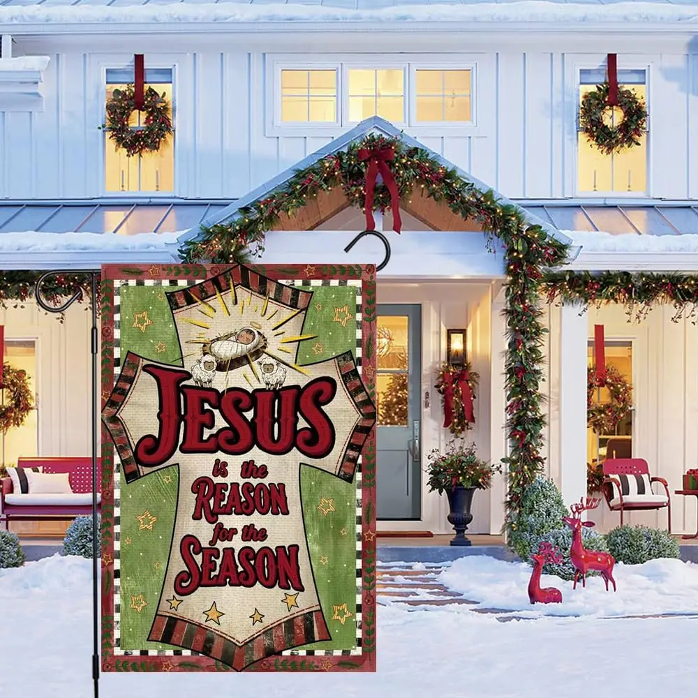 Christmas Jesus is the Reason for the Season Garden Flag 12x18 Inch Double Sided Outside Winter Christian Cross Religious Ou PPM
