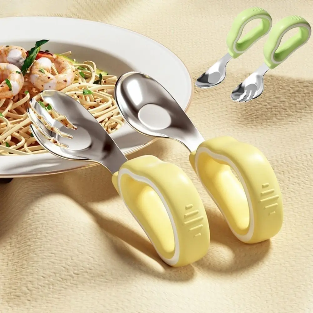 2Pcs Silicone Handle Baby Fork and Spoon Set 316 Stainless Steel with Storage Box Baby Cutlery Self Feeding Anti-Choke Design