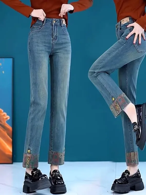 

New Chinese Sle Embroidered Loose Women's Jeans High Waist Straight Leg Pants Trendy Casual Spring Autumn Faion