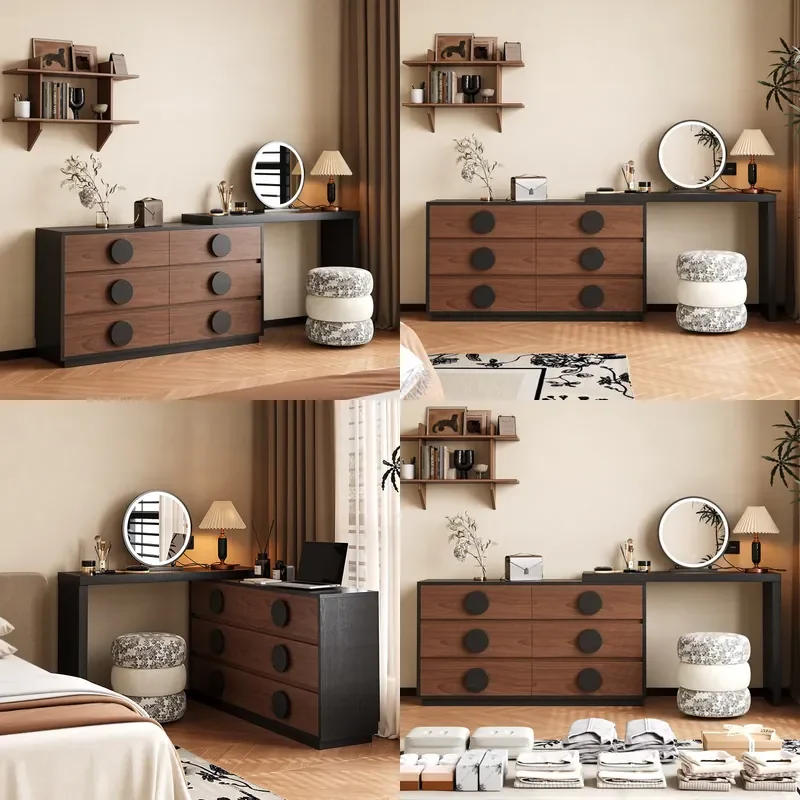 Retro Solid Wood Dresser with Makeup Table Medieval Corner Chest for Bedroom Storage Furniture