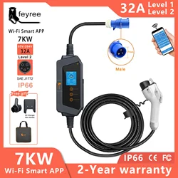 feyree Type1 Portable EV Charger 7KW 32A 1Phase J1772 Socket with 5m Cable Smart APP WIFI Control Version for Electric Vehicle