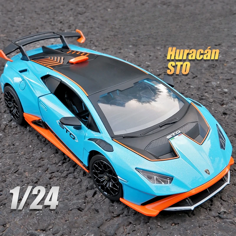 CCA Simulation 1/24 Lamborghini Huracan STO Sport Car Model Diecast Metal Voiture Miniature Sound Light Home Decor Boys Toy Gift