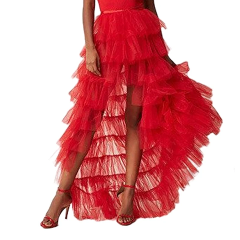 Jupe Maxi longue en Tulle, superposition détachable, taille haute, en maille à plusieurs niveaux, P8DB