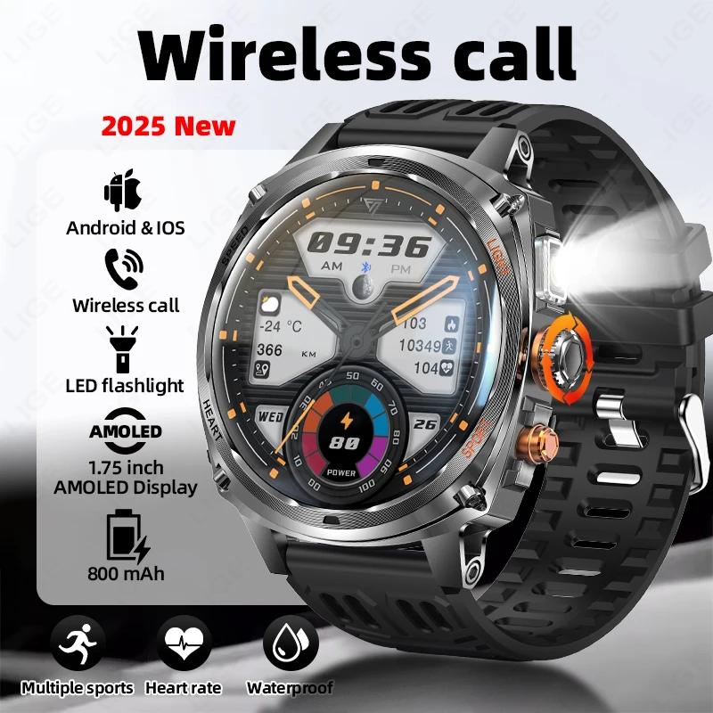 

Choice LIGE Smart Watch LED Flashlight IP67 Waterproof 1.75 Inch Screen Music Control smart watches Gifts for men Android IOS