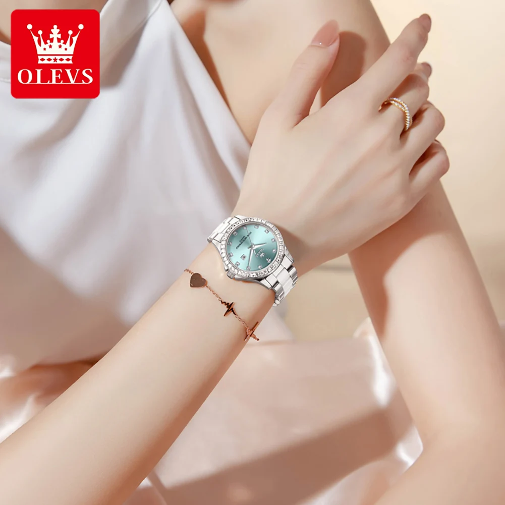 OLEVS ساعات نسائية أنيقة موضة السيراميك حزام الزركون الحافة الأصلية كوارتز ساعة اليد مقاوم للماء مضيئة تاريخ 3651 reloj