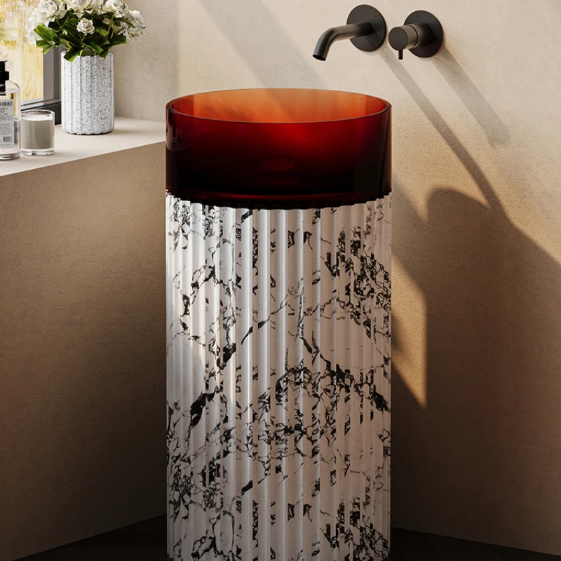 The designer of the high-end transparent column basin made of resin crystal in the middle ancient style has a cylindrical floor