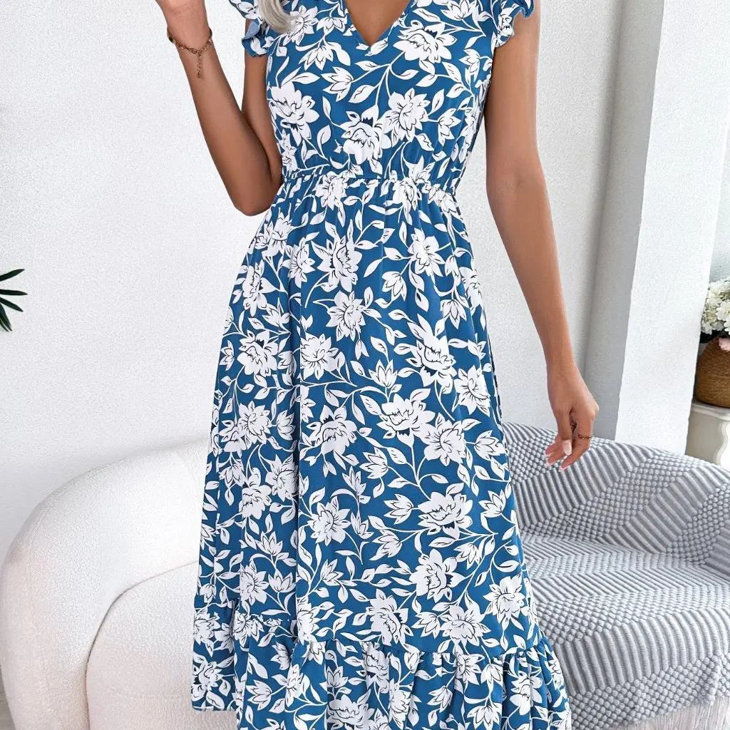 Robe décontractée à taille florale pour femmes, détail de boutons en bois, vêtements de vacances à la mode pour printemps et été