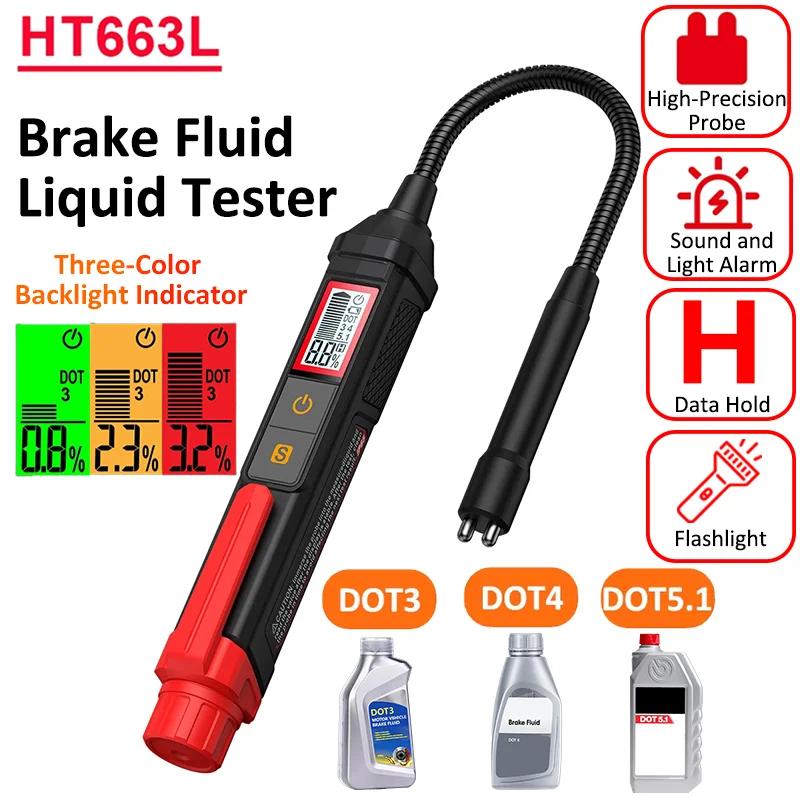 

Тестер тормозной жидкости с звуковой и световой сигнализацией для DOT3/DOT4/DOT5.1, проверка качества тормозного масла, трихроматическая подсветка с металлическим шлангом