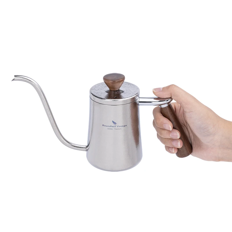 Boundless Voyage Pour Over Coffee Kettle 300ml with Beech wood Handle, Titanium Coffee  Pot Coffee Pot for Home Camping Hiking
