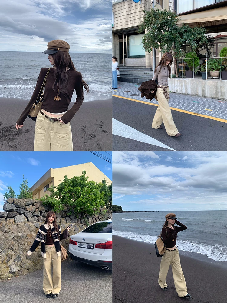 

Loose Fit American Retro Khaki Color Women's Jeans with Big kets l Waist Cotton Fabric Stand Edition Jeans