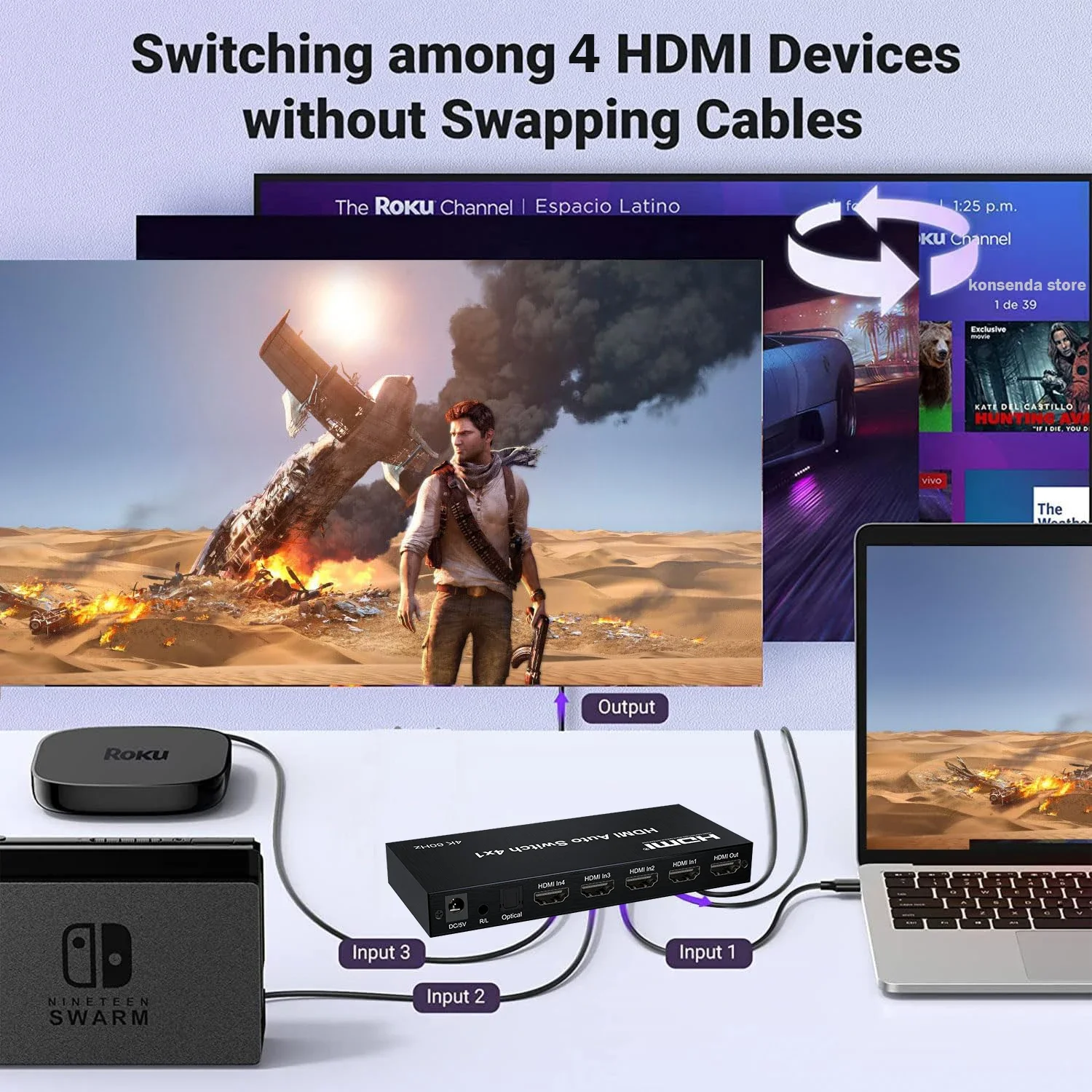 4-port HDMI التبديل التلقائي 4 في 1 خارج مع 10/18/20 ثانية دورة التبديل 1080P محول سلس محدد 4x1 لمشغل التلفزيون الكمبيوتر