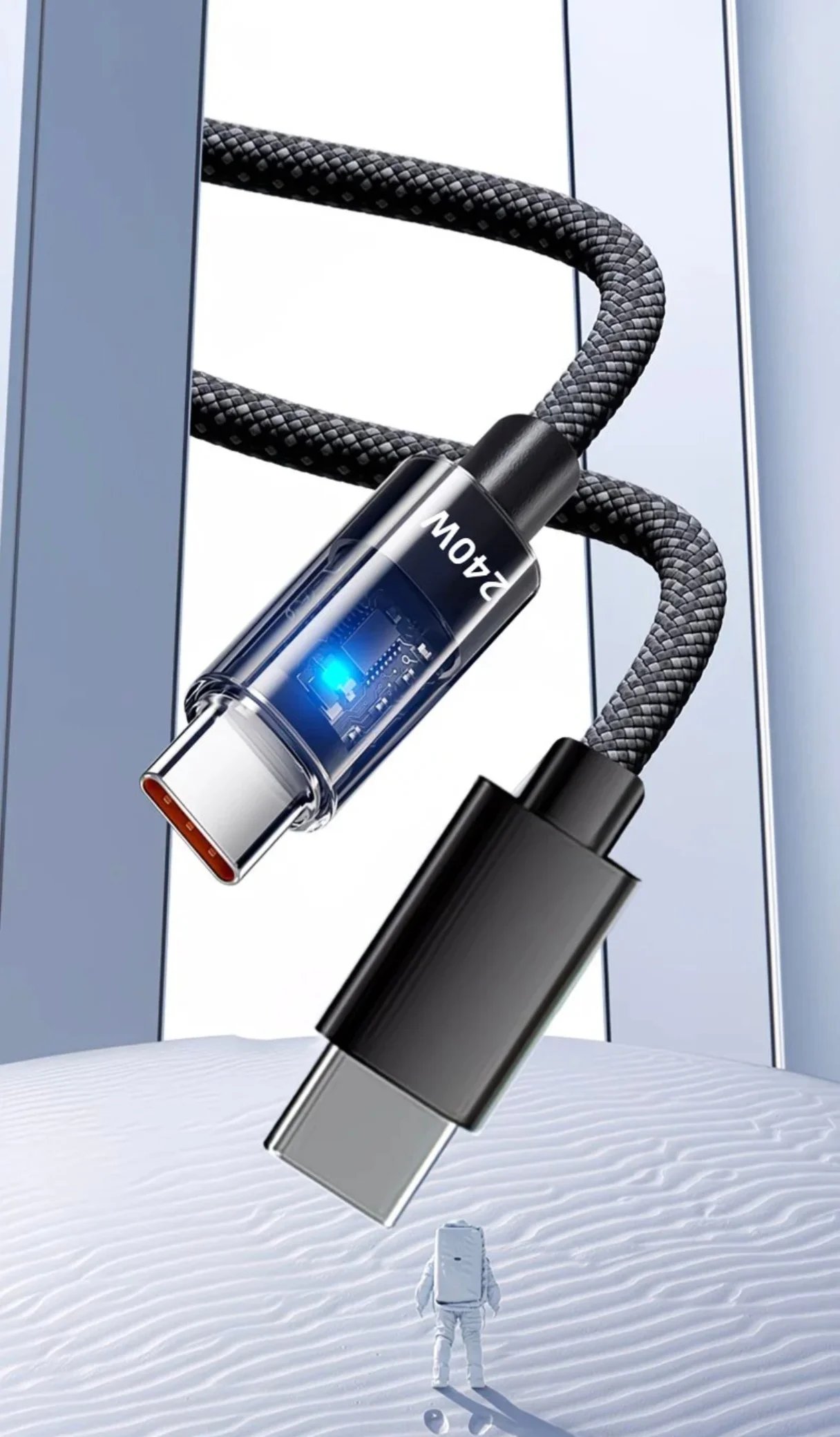 240W PD Transparent LED Type‑C to Type‑C Braided Fast Charging Cable for iPhone 15 Series, MacBook Laptops