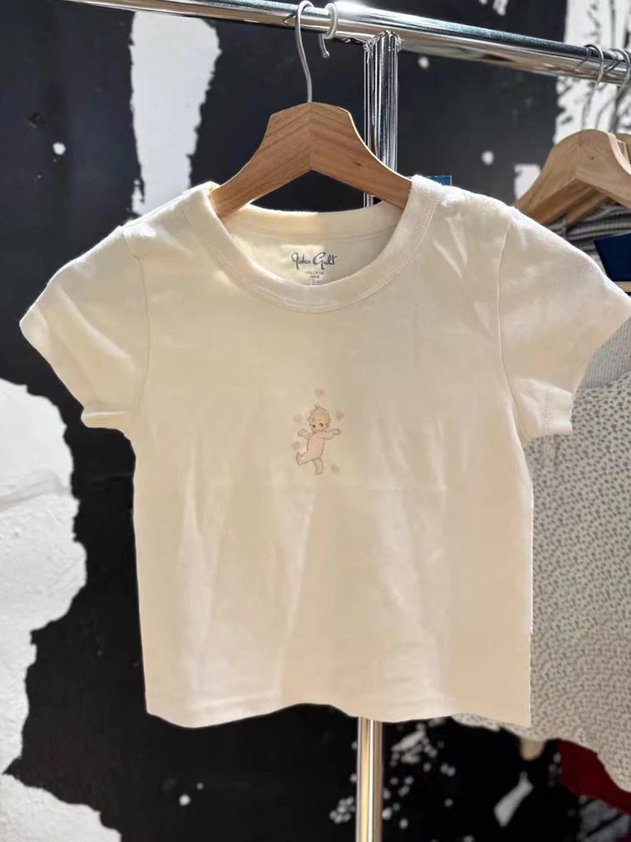 Cute Angel Baby with Hearts Crop Top for Womann Summer Round Neck Short Sleeeve Y2k T-shirt Casual Sweet Fairycore Tshirt Tops