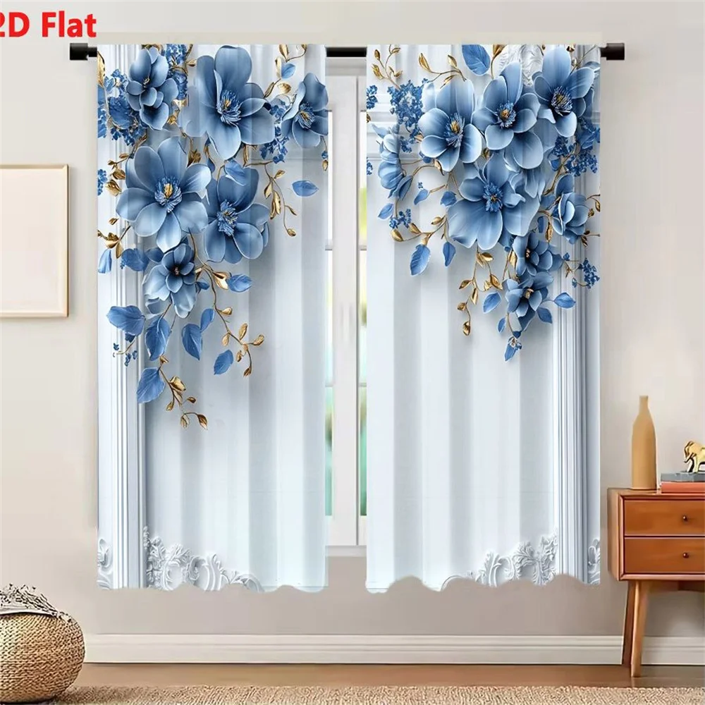 2Pcs Curtains Elegant Blue And Gold Floral Background With Dimensional Paper Flowers And Ornate White Molding Window Drapes for