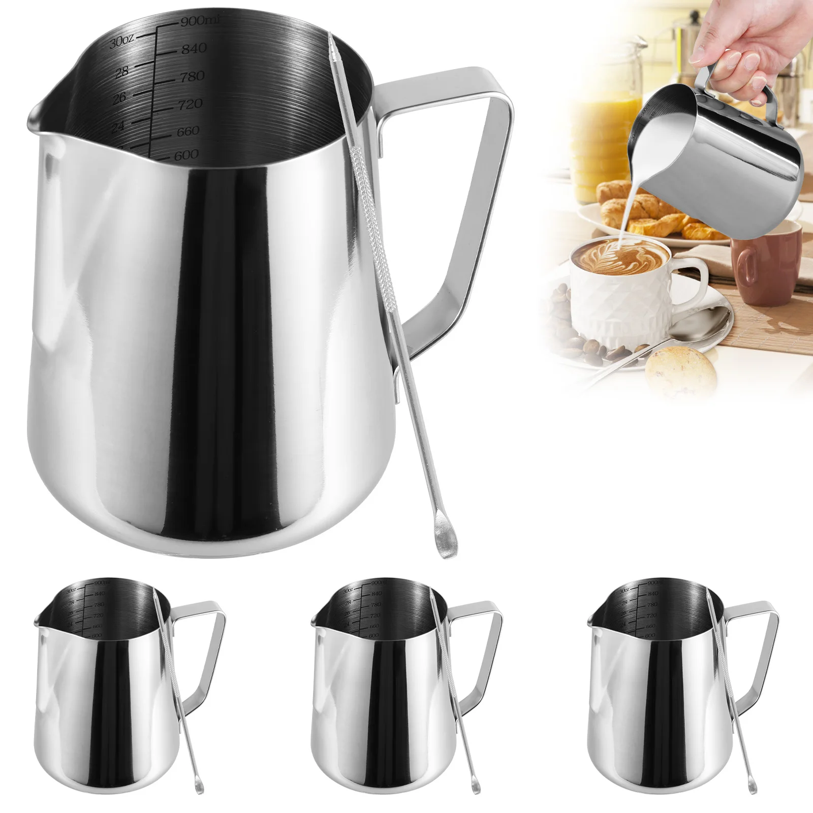 900ml Milk Creamer Frothing Pitcher Jug With Scale Stainless Steel Coffee Cup Jug Latte Espresso Steaming Cappuccino Cup