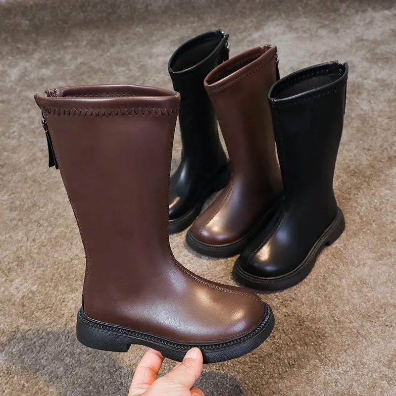 Children Leather Boots for Girls Simple Classic Fashion Kids Knee-high Boots Back Zipper Long Motorcycle Winter New Rubber Boots