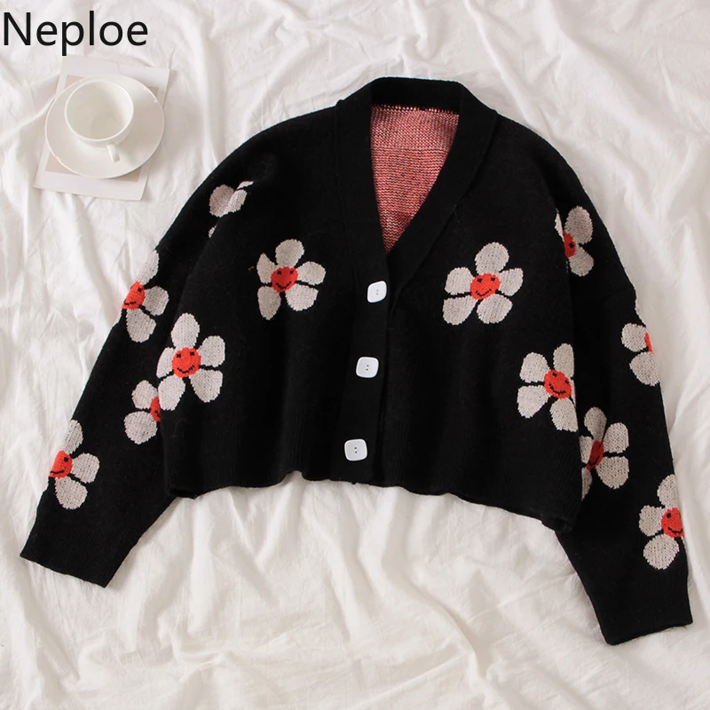 Neploe Preppy Style Flower Knit Cardigans Sweater Women V Neck Loose elegaht Thicked Pull Femme Print Short Casual Coat 46565