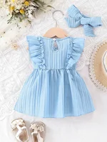 Baby Girl Summer Blue Dress with Ruffled Edges and Bow, Sweet and Cute Style Dress Suitable for 0-3 Year Old Cute Baby Girls 2