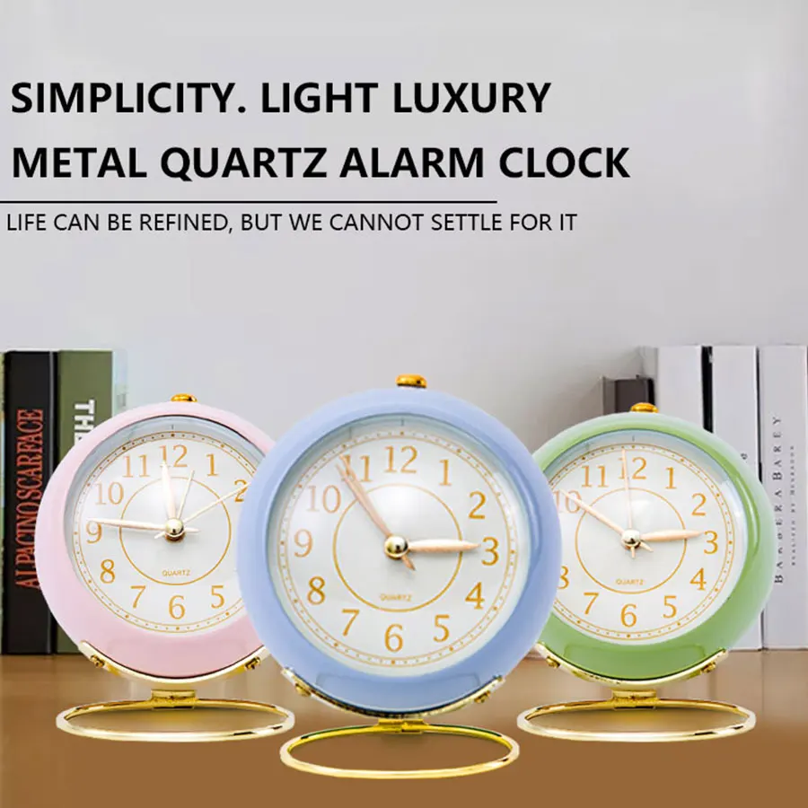 1pc 3.5-inch Light Luxury Metal Quartz Alarm Clock, Bedroom Bedside Decorative Table Clock, with Backlit Clock Face, No Battery