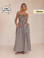 2024 Fashionable Summer Elegant Hanging Strap, Sexy Women's Stripe Fashion Dress Bohemian Style Elegant Long Dress