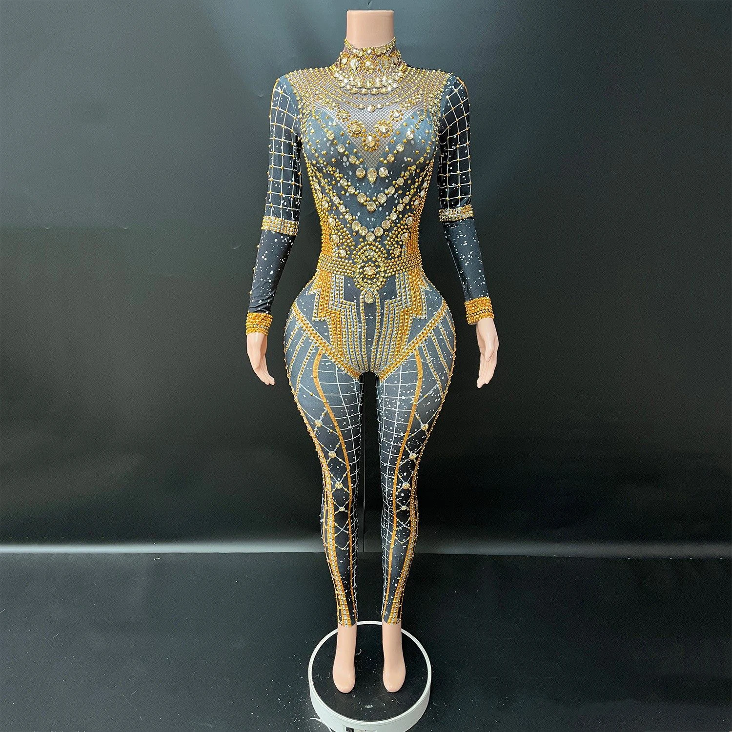 2025 Sexy Collo Alto Strass Tuta Costumi di Squadra di Ballo Discoteca Bar Dj Tuta Femminile Gogo Ballerini Abiti di Scena DN21580