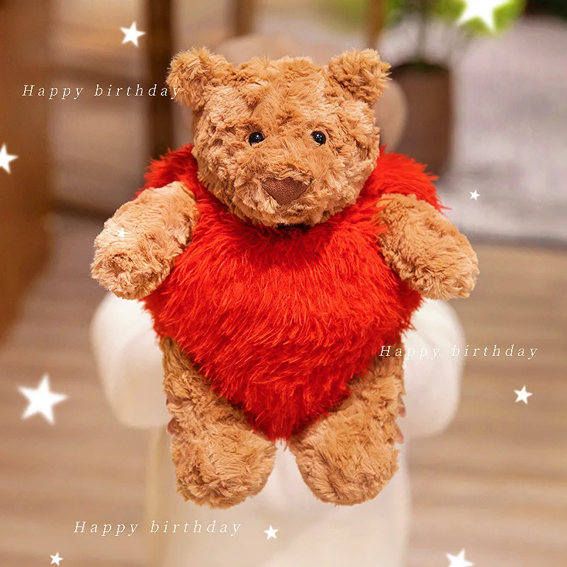 Creative Brown Bear Wearing Red Heart Stuffed Lovely Bear Baby Doll Sofa Pillow Holiday Celebration Cute Valentine'S Day Gift