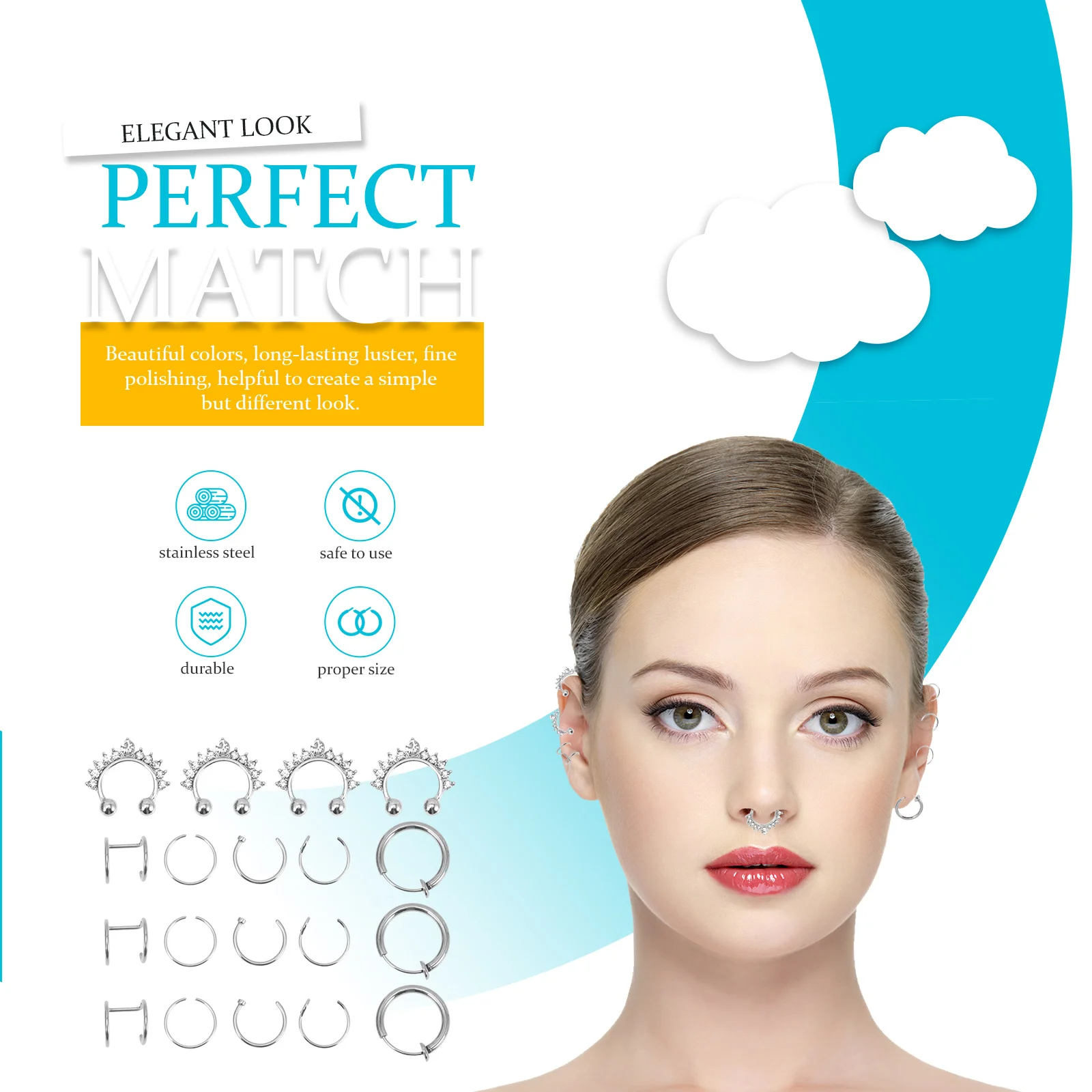 مجموعة 19 قطعة من حلقات الأنف بمشبك الأذن، أساور أنف عصرية للنساء غير مثقوبة ومريحة يمكن ارتداؤها وتزيين أداء الحفلات اليومية