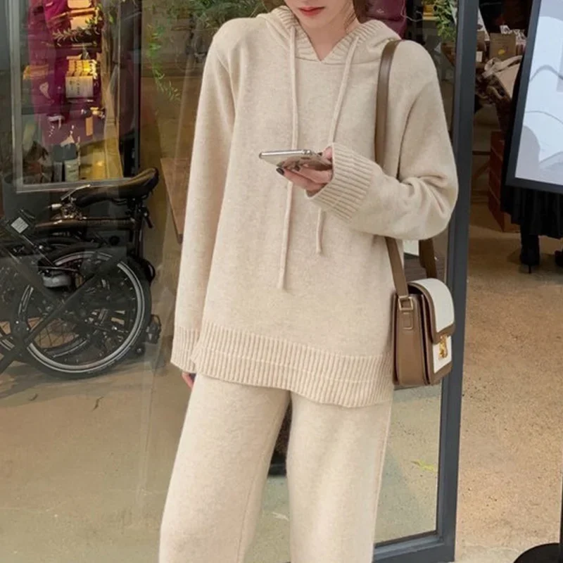 Apricot Woolen 2 Piece Sets Woman Autumn Hooded Sweater and Wide Leg Pants Female Korean Fashion Knitted Pants Sets Winter