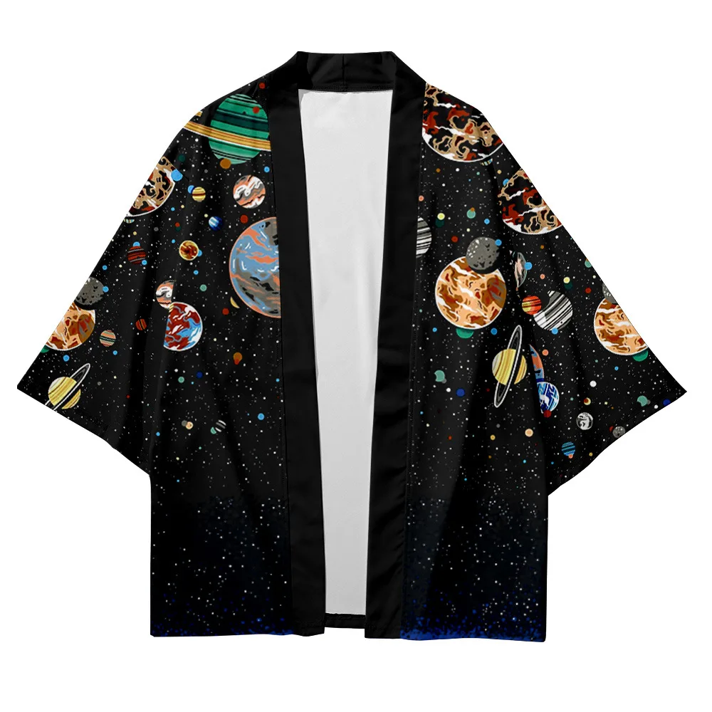 Kimono universo planeta impressão camisa tradicional haori vestuário feminino harajuku japonês moda streetwear cardigan yukata