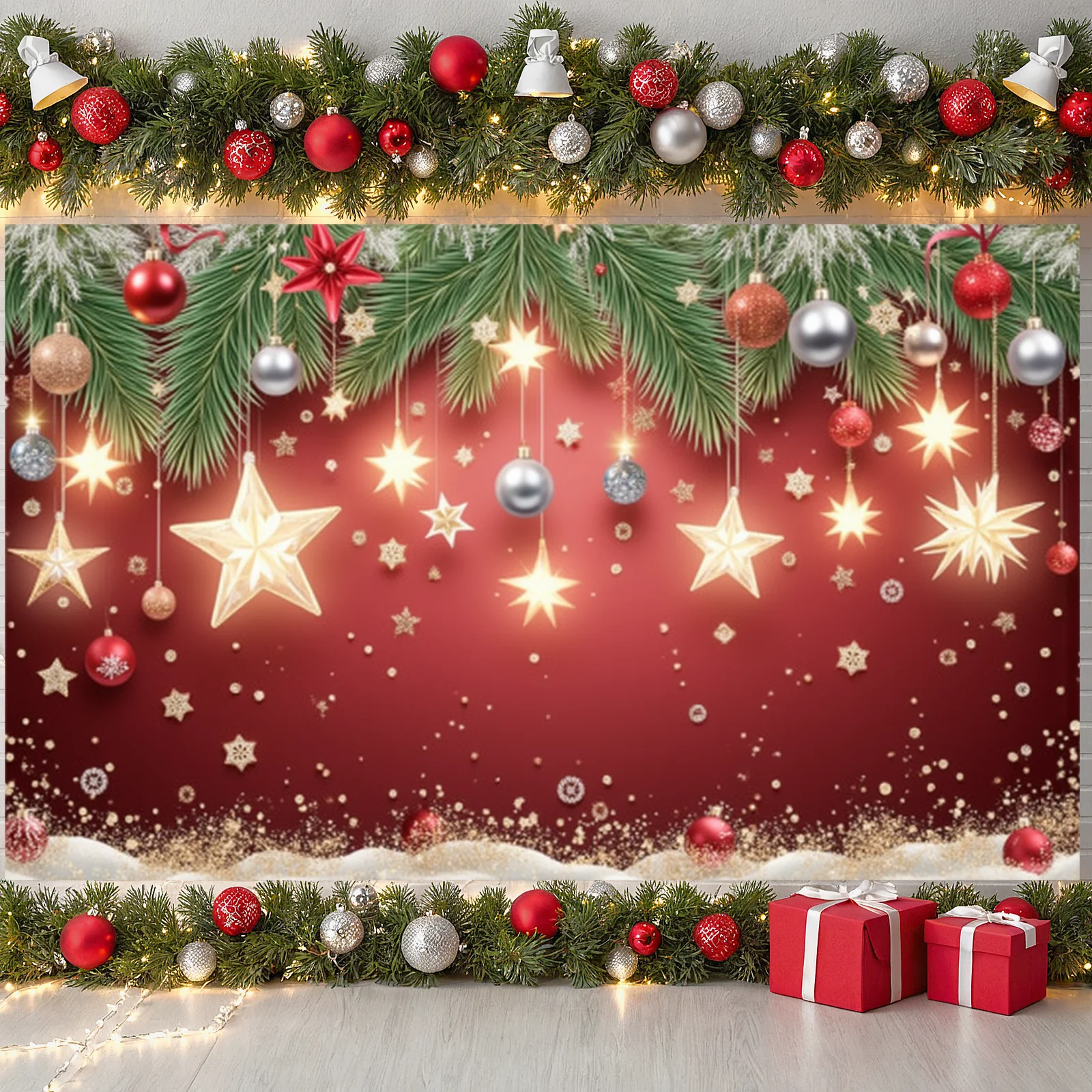 Festive Party Background Colorful Bauble Festive Backdrop Holiday Event Display Red Theme Christmas Decor Backdrop For Holiday