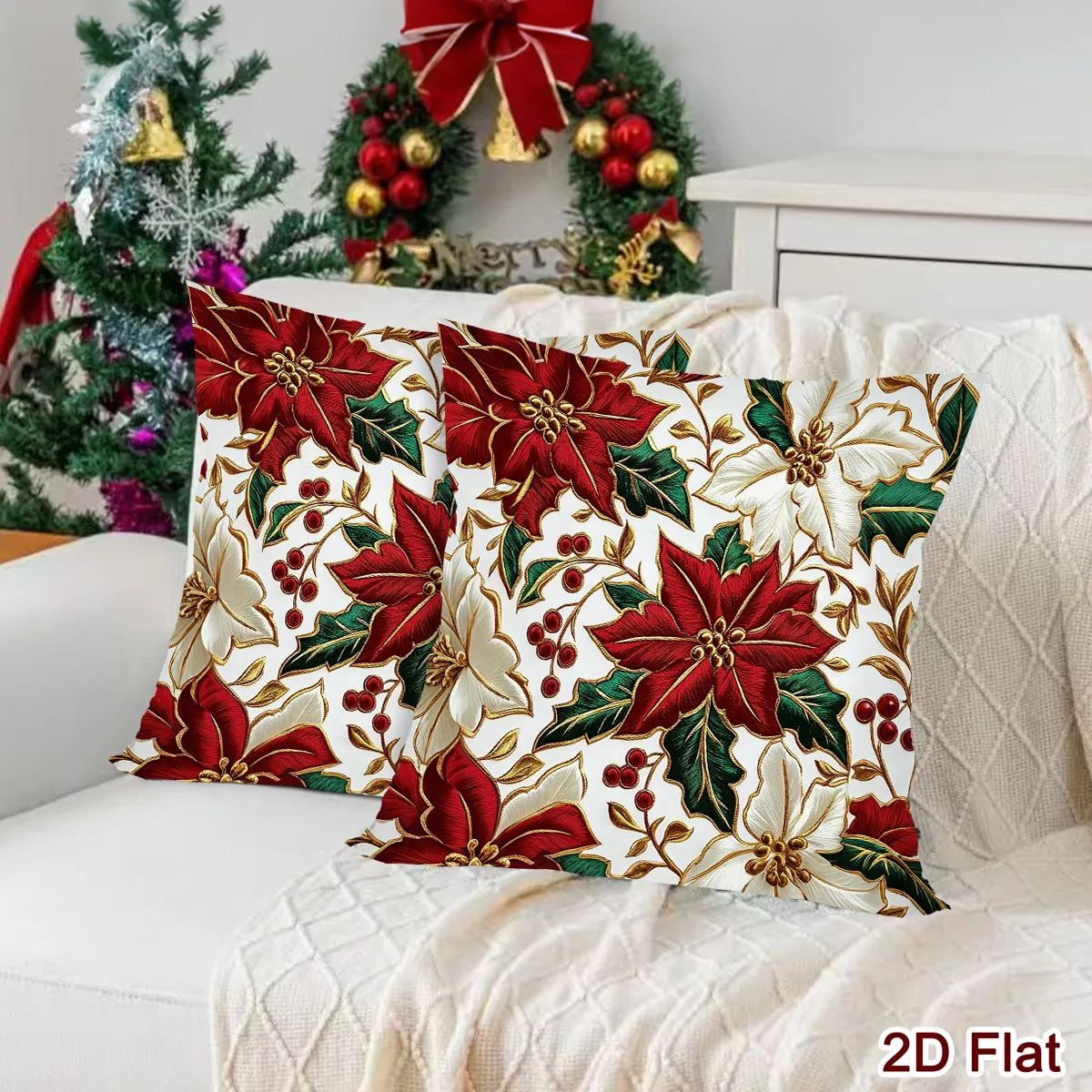 1pc Merry Christmas Pillow Covers Xmas Poinsettia Polyester Throw Pillow Covers Christmas Decor for Home 2026 New Year Gifts