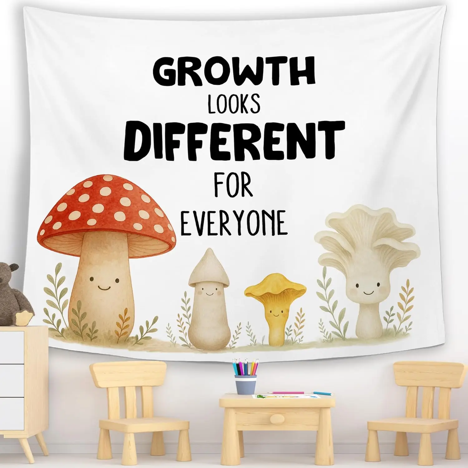 Classroom Growth Looks Different for Everyone Mushroom Wall Tapestry Hanging, Nursery Mental Health Tapestries, Cute Wall Decor