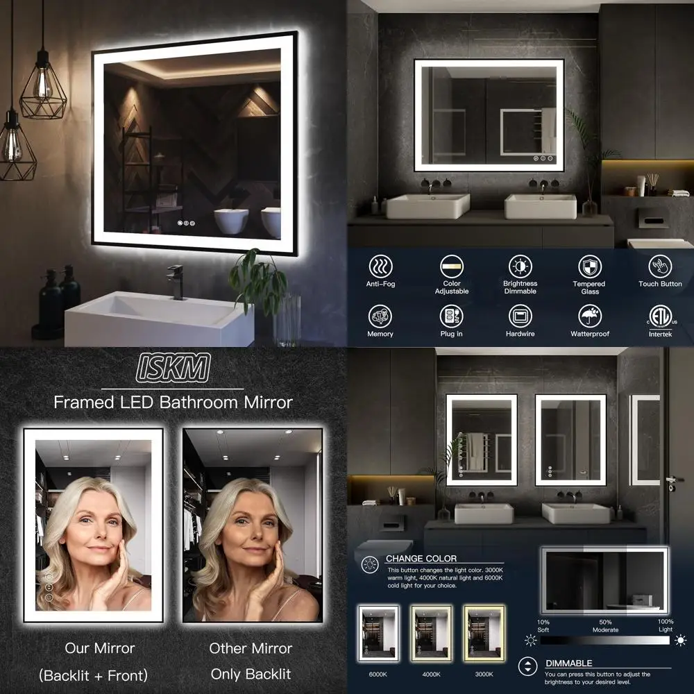 

32x32 LED-Illuminated Bathroom Mirror, Dimmable with Anti-Fog, 3-Color Lights, Shatterproof, Memory Function